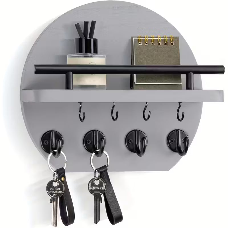 Round Wooden Key Holder with Shelf | Wall Organizer with 8 Hooks