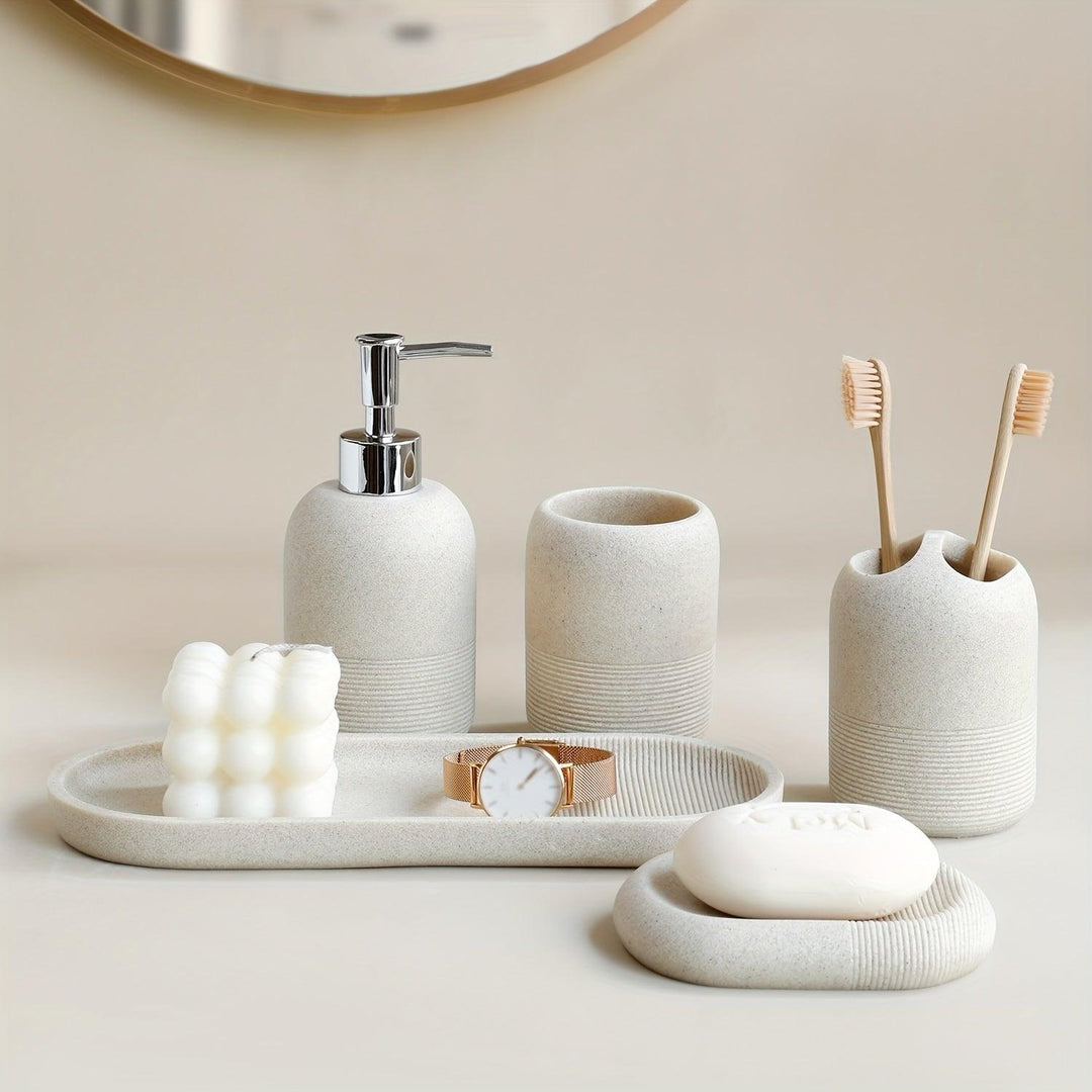 Ensemble d'accessoires de salle de bain moderne 5 pièces | Organisateur de luxe avec distributeur, gobelets et porte-savon