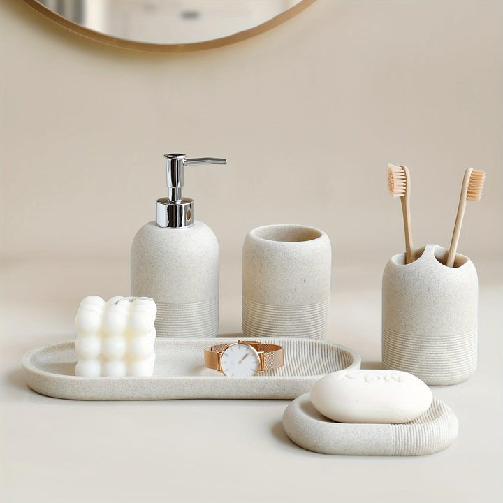 Ensemble d'accessoires de salle de bain moderne 5 pièces | Organisateur de luxe avec distributeur, gobelets et porte-savon