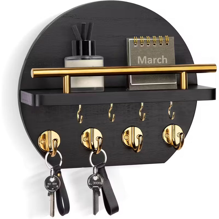 Round Wooden Key Holder with Shelf | Wall Organizer with 8 Hooks