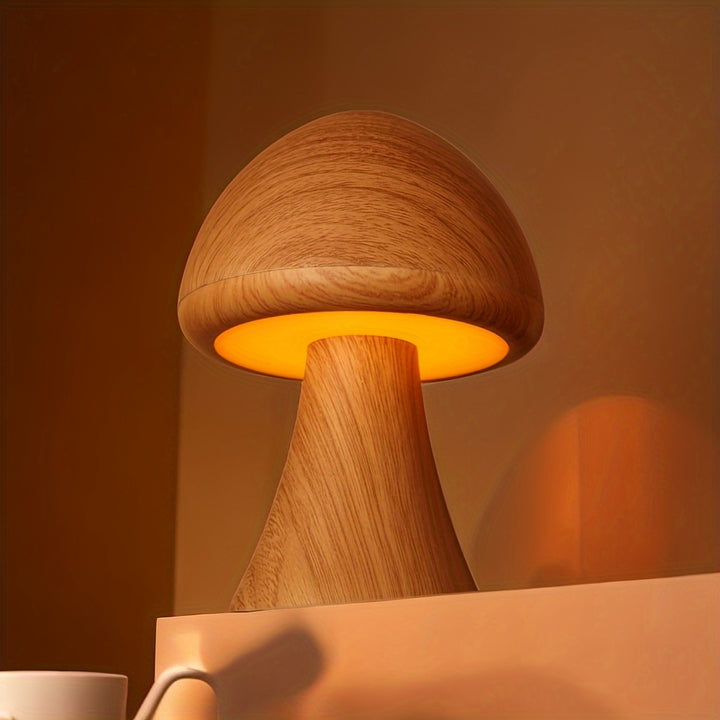 Lampe de nuit LED en bois en forme de champignon | Dimmable et rechargeable via USB