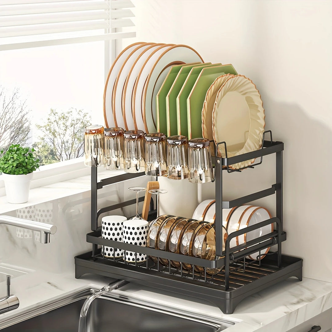 Layered Dish Drainer with Drip Tray | Plate and Cutlery Holder for Countertop or Sink