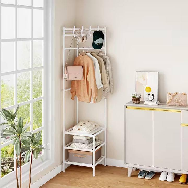 Metal Corner Shelf with Hooks | 3-Tier Storage Rack for Coats, Hats &amp; Accessories