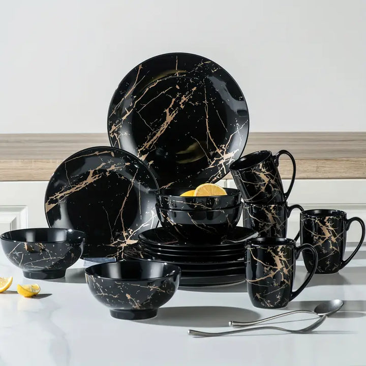 MarbellaGold | 16-Piece Black Porcelain Dinnerware Set with Gold Marble Pattern – Serves 4