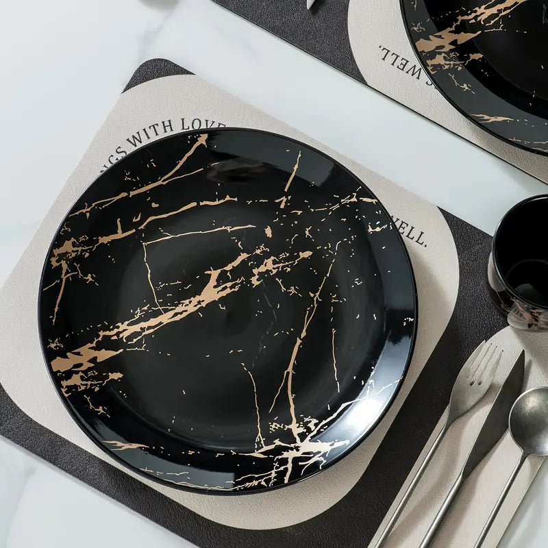 MarbellaGold | 16-Piece Black Porcelain Dinnerware Set with Gold Marble Pattern – Serves 4