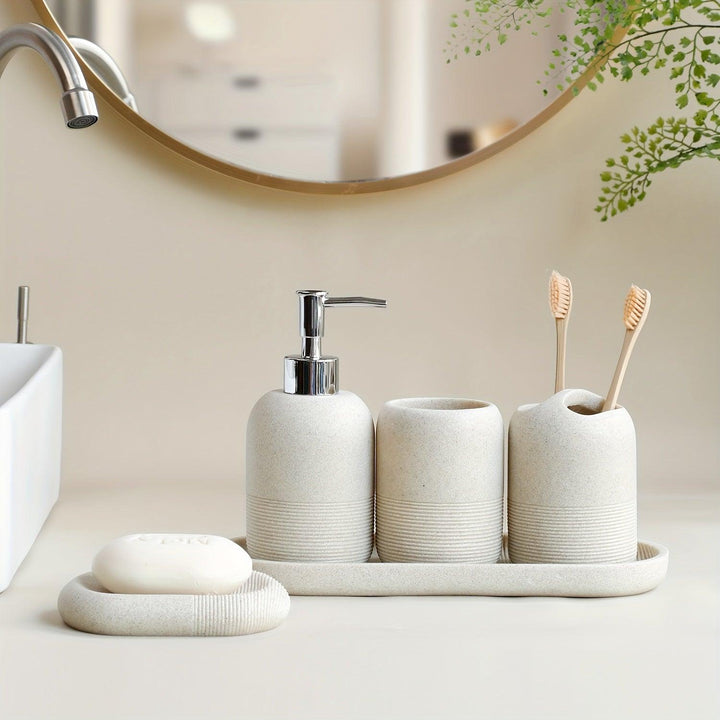Ensemble d'accessoires de salle de bain moderne 5 pièces | Organisateur de luxe avec distributeur, gobelets et porte-savon