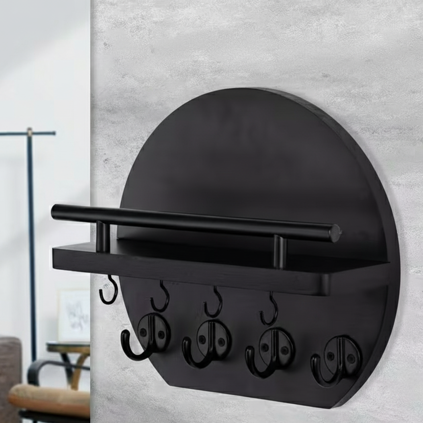 Round Wooden Key Holder with Shelf | Wall Organizer with 8 Hooks