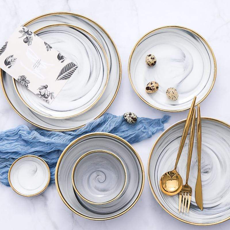 Canova | Luxe Marmeren Porseleinen Servies met Gouden Rand – 8-Delig Rond Design
