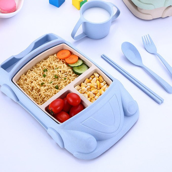 Boîte à déjeuner AutoBento™ pour enfants | Ensemble complet de déjeuner avec gobelet, couverts et forme de voiture