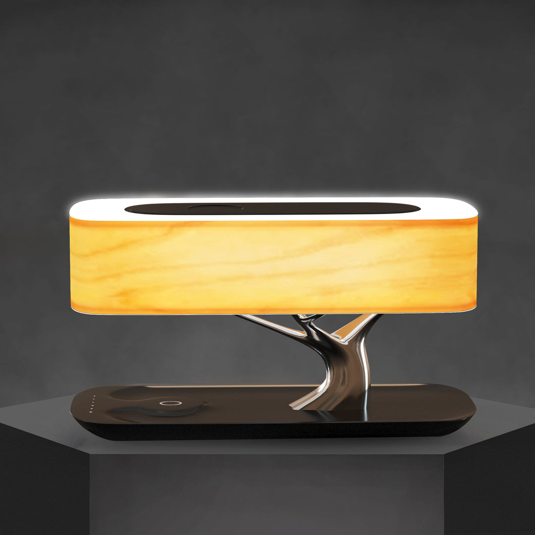 Lampe de table avec chargeur sans fil, haut-parleur Bluetooth et éclairage dimmable | Design en bois