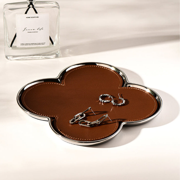 Giovanni Clover Tray | Handgemaakt Cognac Leren Sieradenschaal | Goud/Zilver Accent