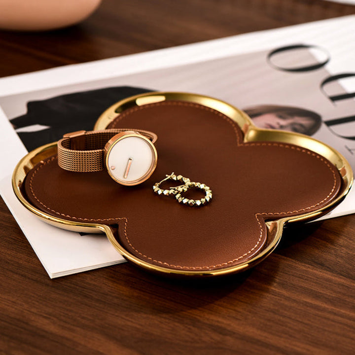 Giovanni Clover Tray | Handgemaakt Cognac Leren Sieradenschaal | Goud/Zilver Accent