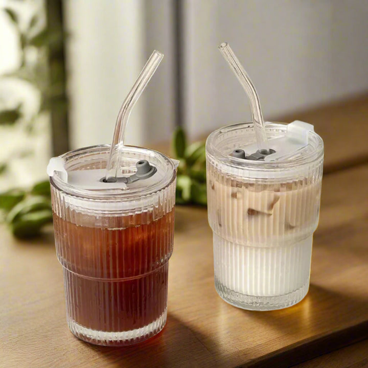 Stripe Glass | Stylish Glass Drinking Cup with Lid &amp; Straw