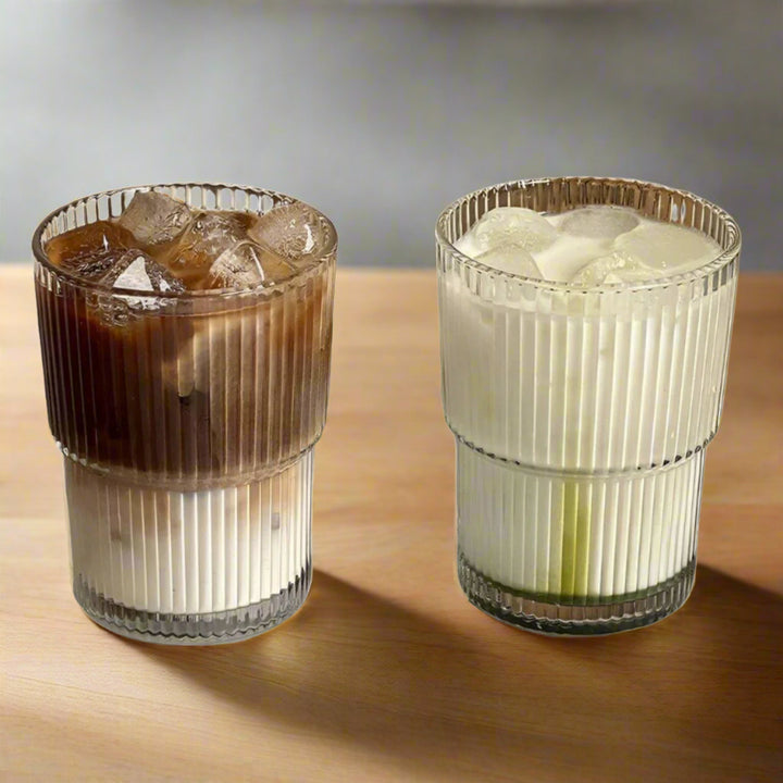 Stripe Glass | Stylish Glass Drinking Cup with Lid &amp; Straw