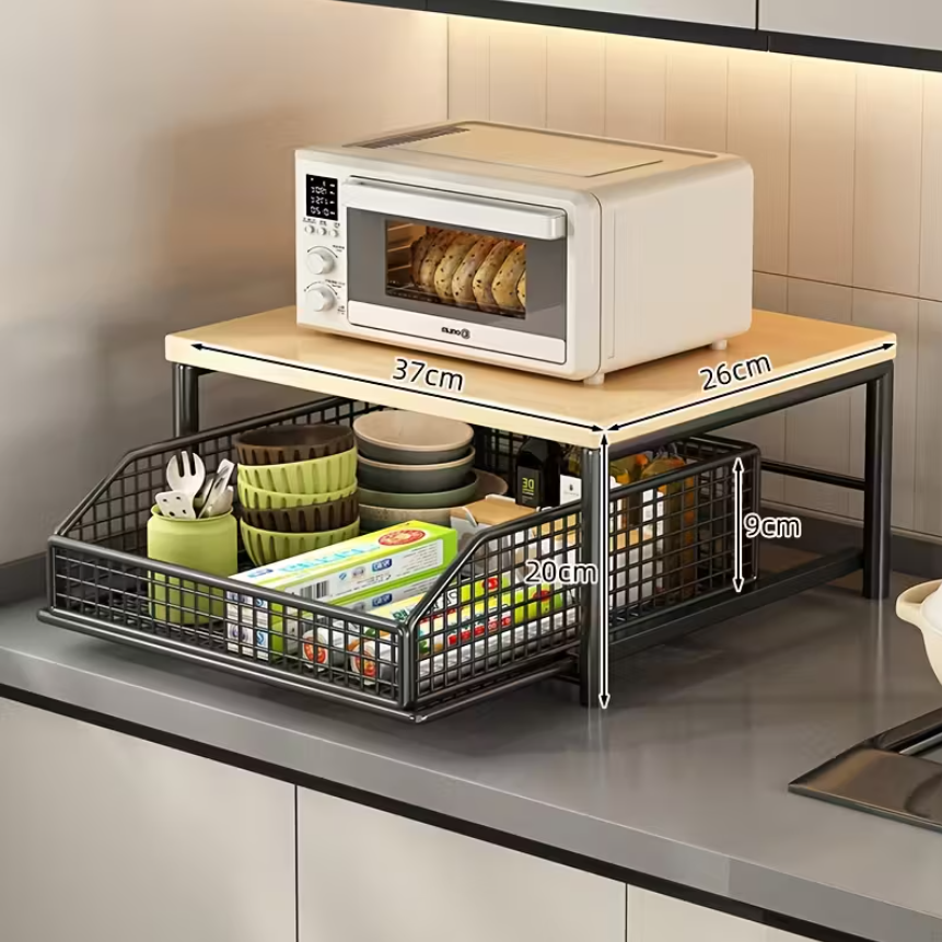 Kitchen Organizer Shelf | Wooden Top &amp; Metal Frame | Space-Saving Storage Rack
