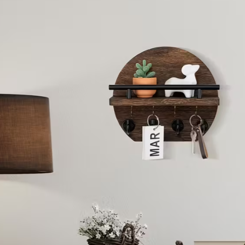 Round Wooden Key Holder with Shelf | Wall Organizer with 8 Hooks