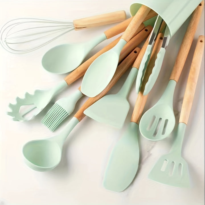 Ensemble d'ustensiles de cuisine en silicone 12 pièces | Résistant à la chaleur avec poignées en bois