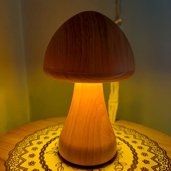 Lampe de nuit LED en bois en forme de champignon | Dimmable et rechargeable via USB