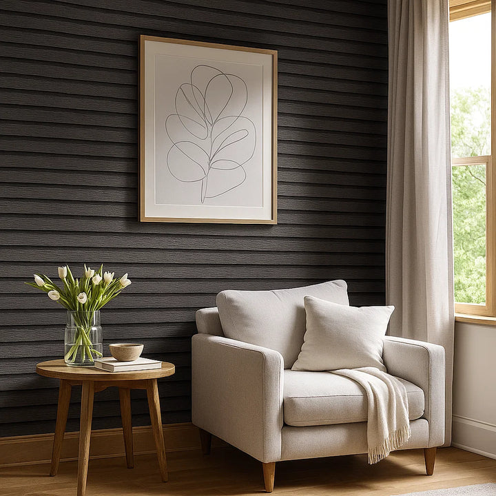 Panneaux Bois Noir | Papier Peint PVC Autocollant Rayé Gris Foncé