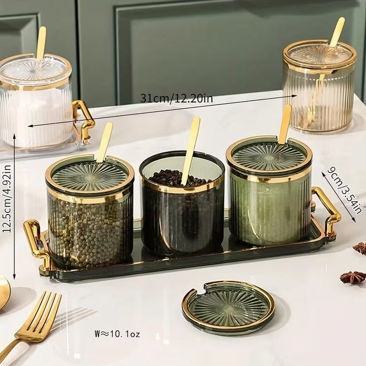 NordicServe™ Snack & Thee Set | 3 Glazen Potten met Deksel op Elegant Noordic Dienblad (300 ml)