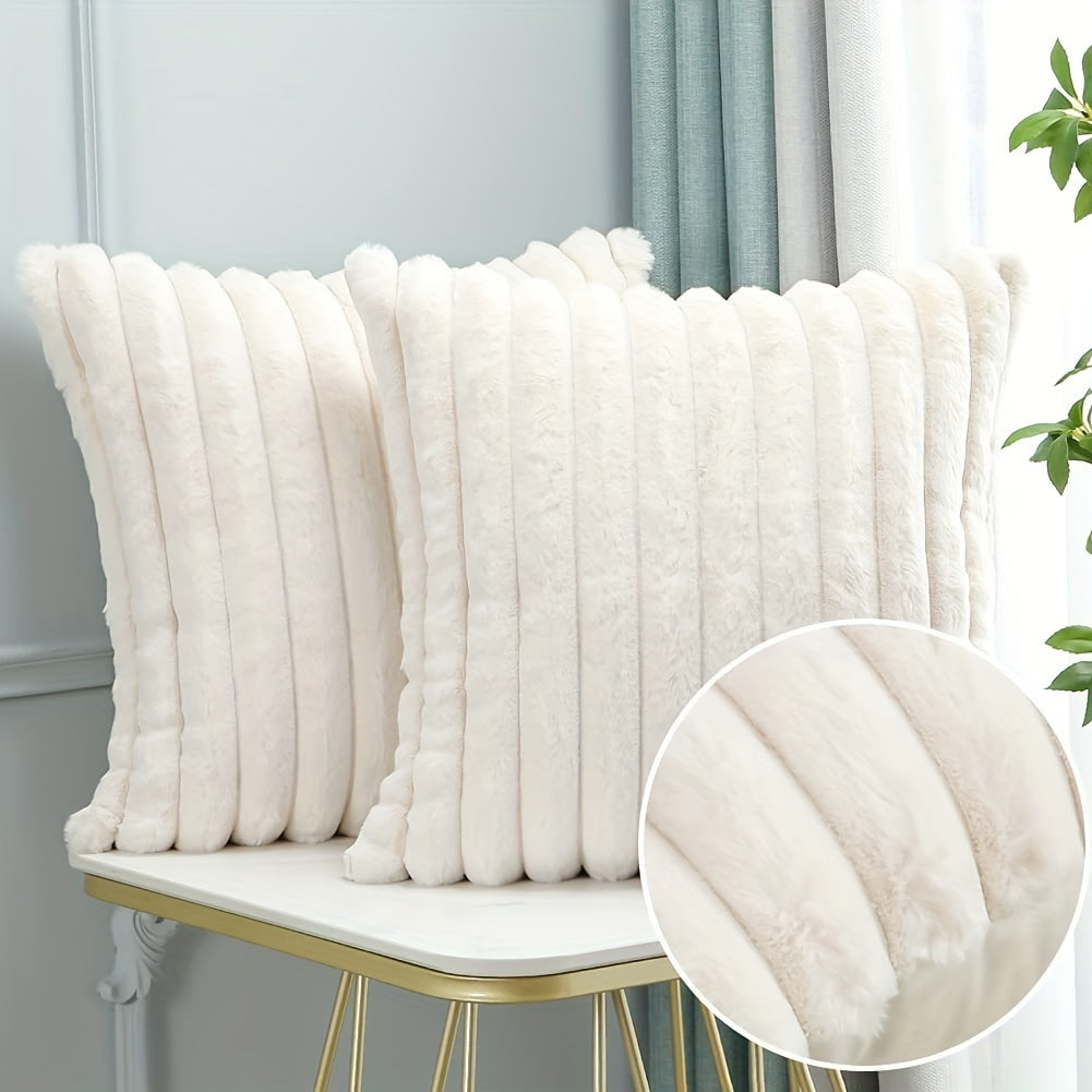 Ensemble de 2 taies d'oreiller de luxe | Imitation fourrure en peluche crème avec design rayé