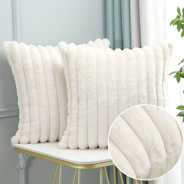 Ensemble de 2 taies d'oreiller de luxe | Imitation fourrure en peluche crème avec design rayé