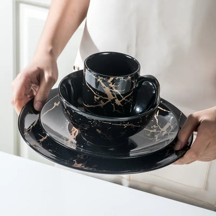 MarbellaGold | 16-Piece Black Porcelain Dinnerware Set with Gold Marble Pattern – Serves 4