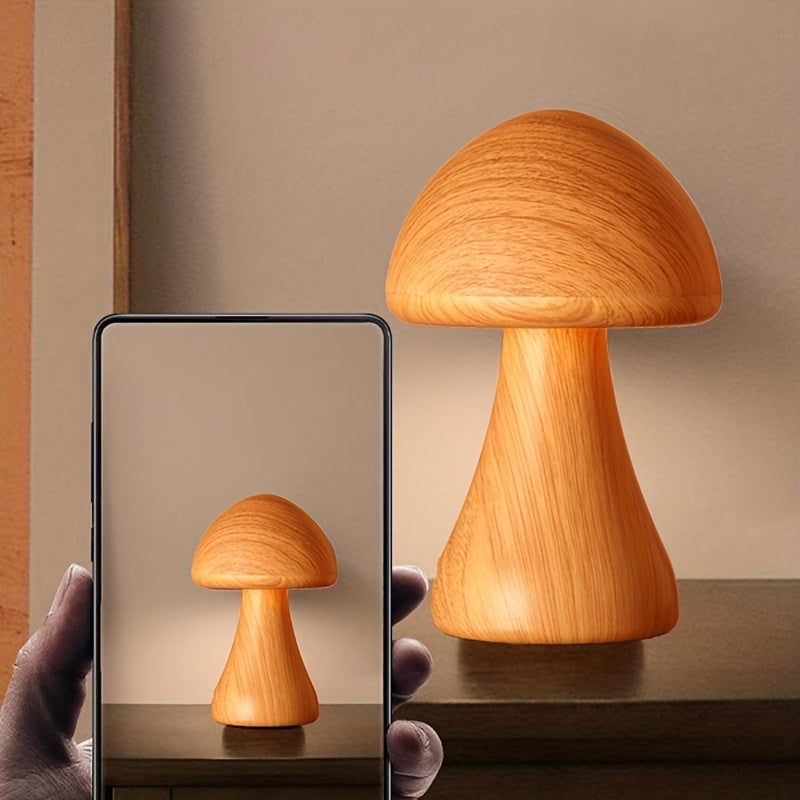 Lampe de nuit LED en bois en forme de champignon | Dimmable et rechargeable via USB