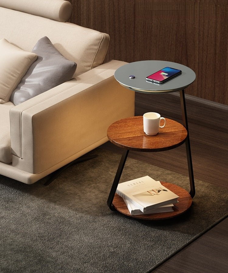 Table d'appoint moderne avec chargeur sans fil et lampe intégrée | 60×36×34 cm