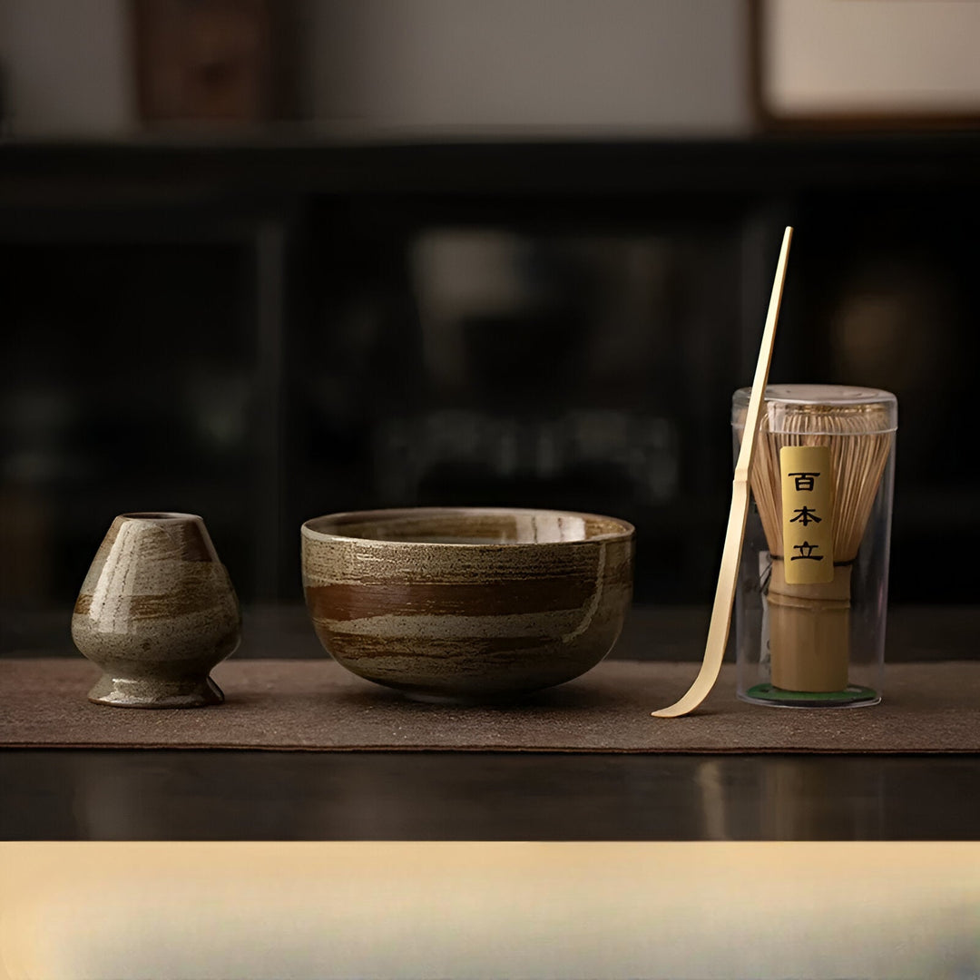 Matcha Tea Set Traditional Japanese 4-Piece Tea Set Made of Bamboo &amp; Ceramic