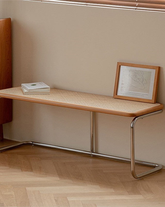 Serenity Rattan Bank | Minimalistische Kersenhouten Zitbank met Rotan en Roestvrijstaal