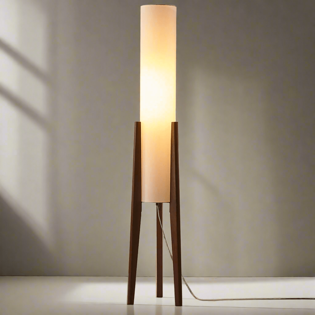 Lampe sur Pied en Noyer | Design Rétro Scandinave | Bois Massif de Noyer & Abat-jour en Tissu