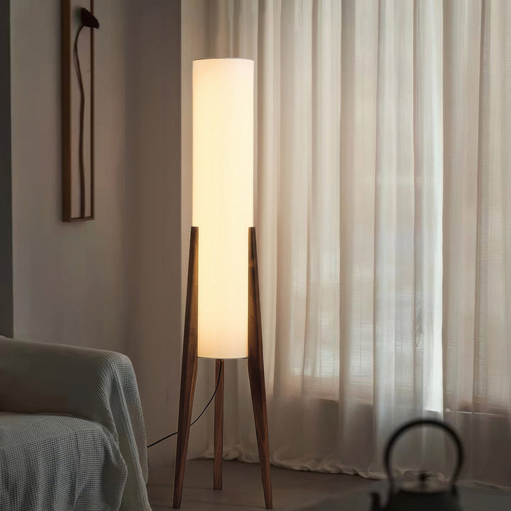 Lampe sur Pied en Noyer | Design Rétro Scandinave | Bois Massif de Noyer & Abat-jour en Tissu